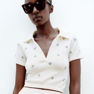Zara Cream Ribbed Polo Crop Top with Lavender Floral Embroidery